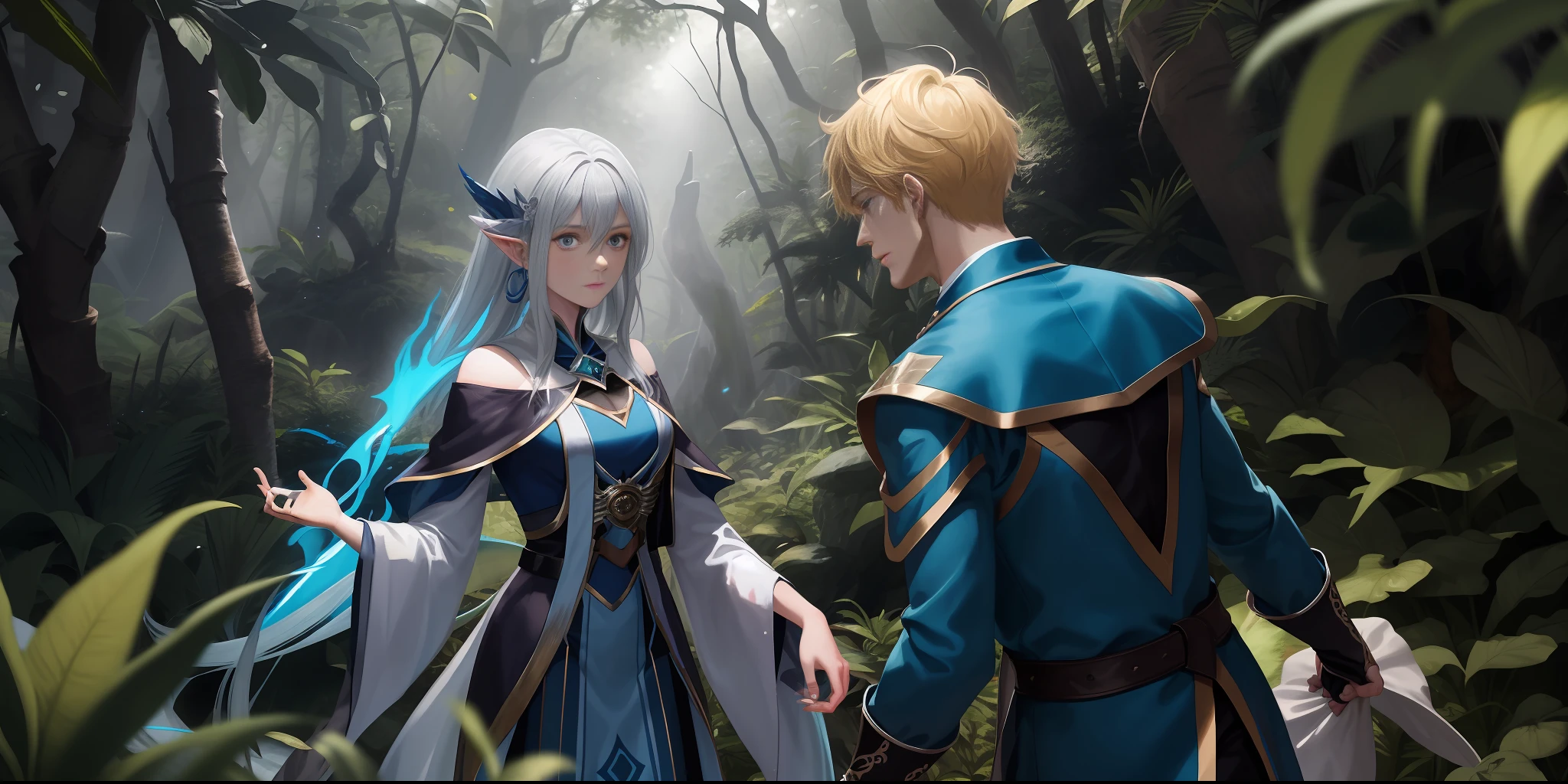 personnages homme blond avec des vêtements de magicien bleu, regardant une nymphe aux cheveux argentés lui tendre la main à moyenne distance, au centre de la forêt MÁGICO, scène romantique