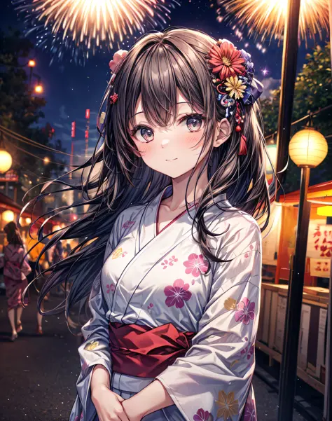1girl, solo, ((masterpiece)), ((best quality)),  Superb view, Yukata, Festival, fireworks, wind, breeze, happy, focus, hair ornament, upper body, stall,
