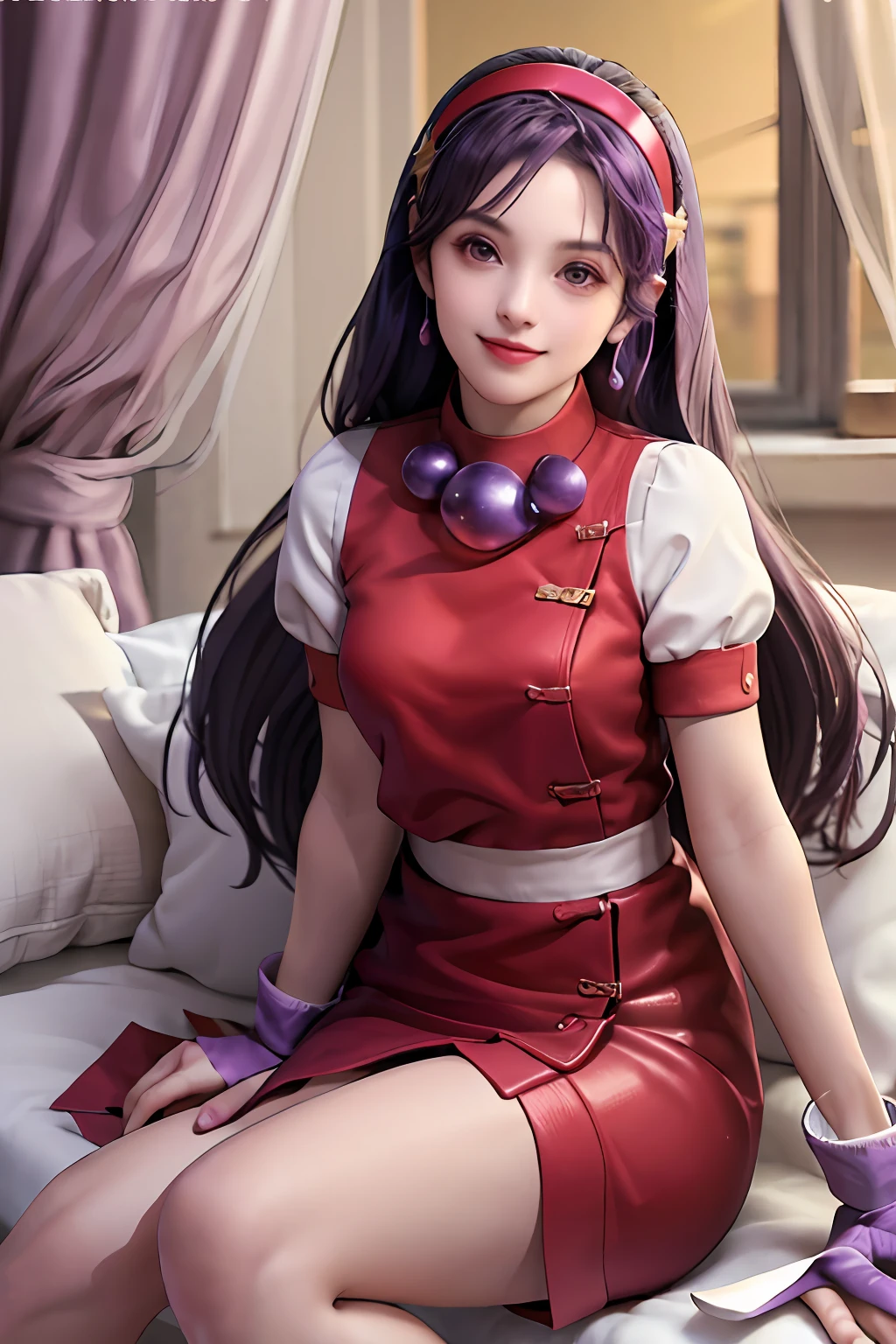 Masterpiece, Best Quality, High Resolution, AA1, Purple Hair, Long Hair, Headband, Long Hair, Necklace, Earrings, Delicate Face, Delicate Skin, Red Dress, Medium Tits, Fluffy Short Sleeves, White Sleeves, White Socks, White Wristband, Smile, Bedroom, Big Bed, Sitting with Legs Up, Side, Full Body, Leg Raised, View Above,