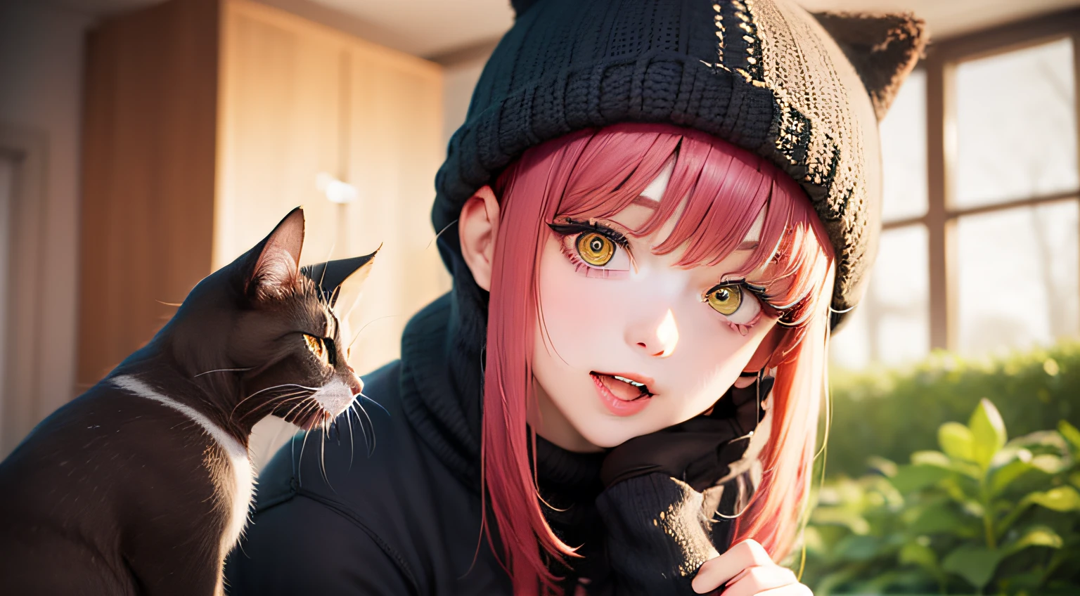 Anime girl with red hair and black hat holding a cat - SeaArt AI