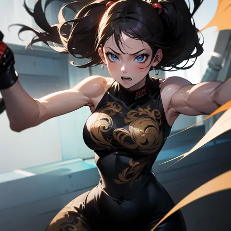 Illustration of an MMA fighter girl in dynamic combat pose, facial expression of fury, hot body, nice boobs, detailed face, intr...