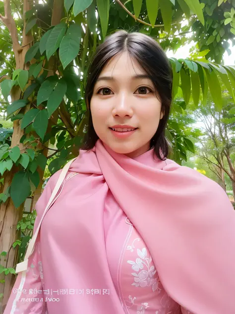 there is a woman wearing a pink shawl and smiling, inspired by Nil Gleyen, asian woman, an asian woman, background is heavenly, ...