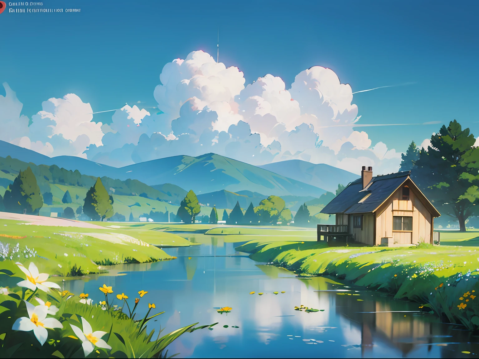 Country Cottage, Summer, Meadow, Little Flower, Little River Passing, Paradise, Big Clouds, Blue Sky, Hot Weather, HD Detail, Wet Watermark, Hyper Detail, Cinematic, Surrealism, Soft Light, Deep Field Focus Bokeh, Distant Snow Mountains, Ray Tracing, Surrealism. --v6