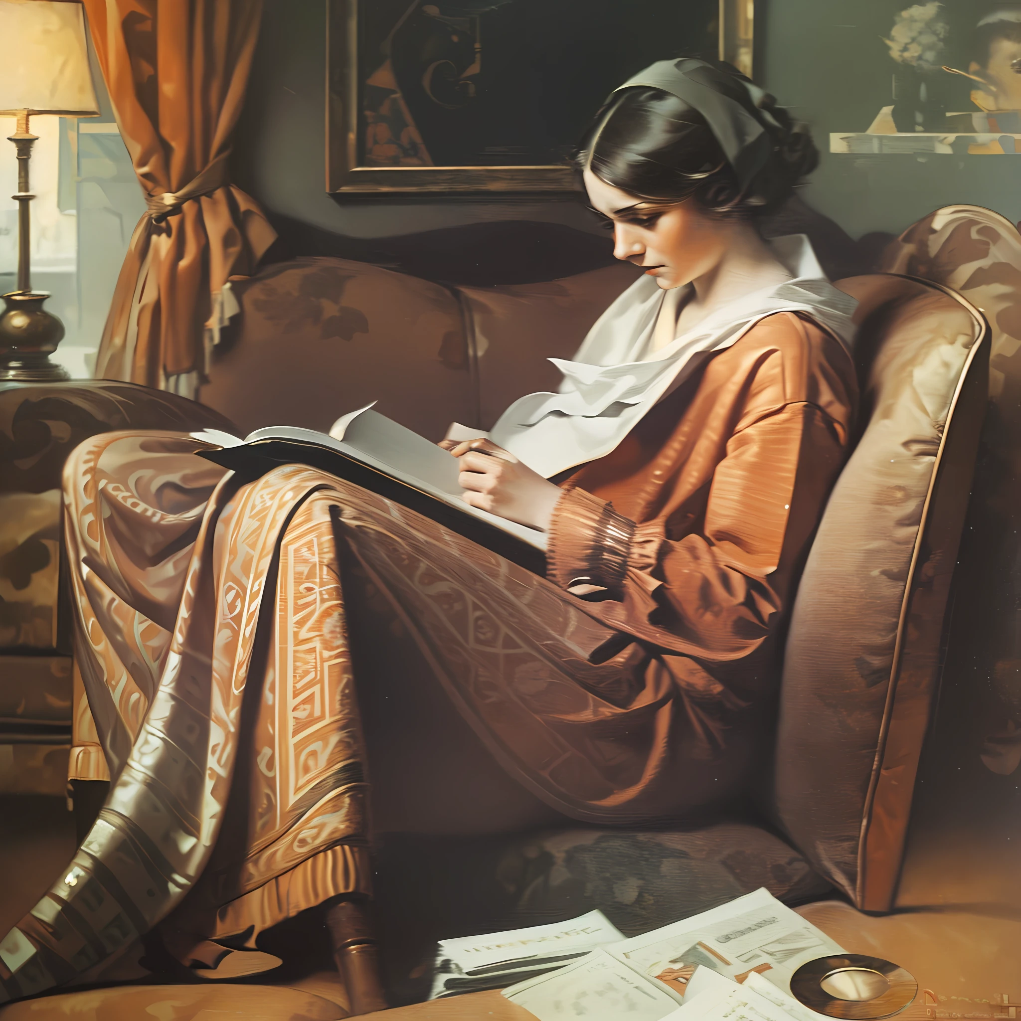 una pintura de una mujer sentada en un sofá y leyendo de Norman Rockwell