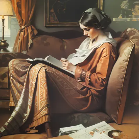 a painting of a woman sitting on a couch and reading by Norman Rockwell