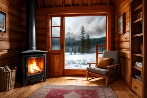 Design an embroidery effect image of a cozy cabin in a snowy forest, with smoke coming out of the chimney and a warm glow emanat...