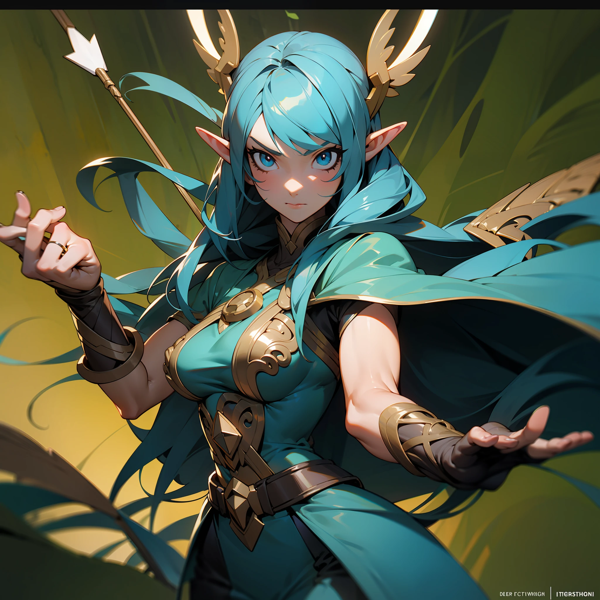 Illustration of an elf warrior girl in dynamic pose of at o and arrow in the forest, facial expression of fury, warm body, nice breasts, detailed face, intricate datails, shiny skin, elegant rocker, cinematic lighting, super detail, best quality, masterpiece, anatomically correct, textured skin, super detail, high details, high quality, Artstation. background, a cinematic ring.