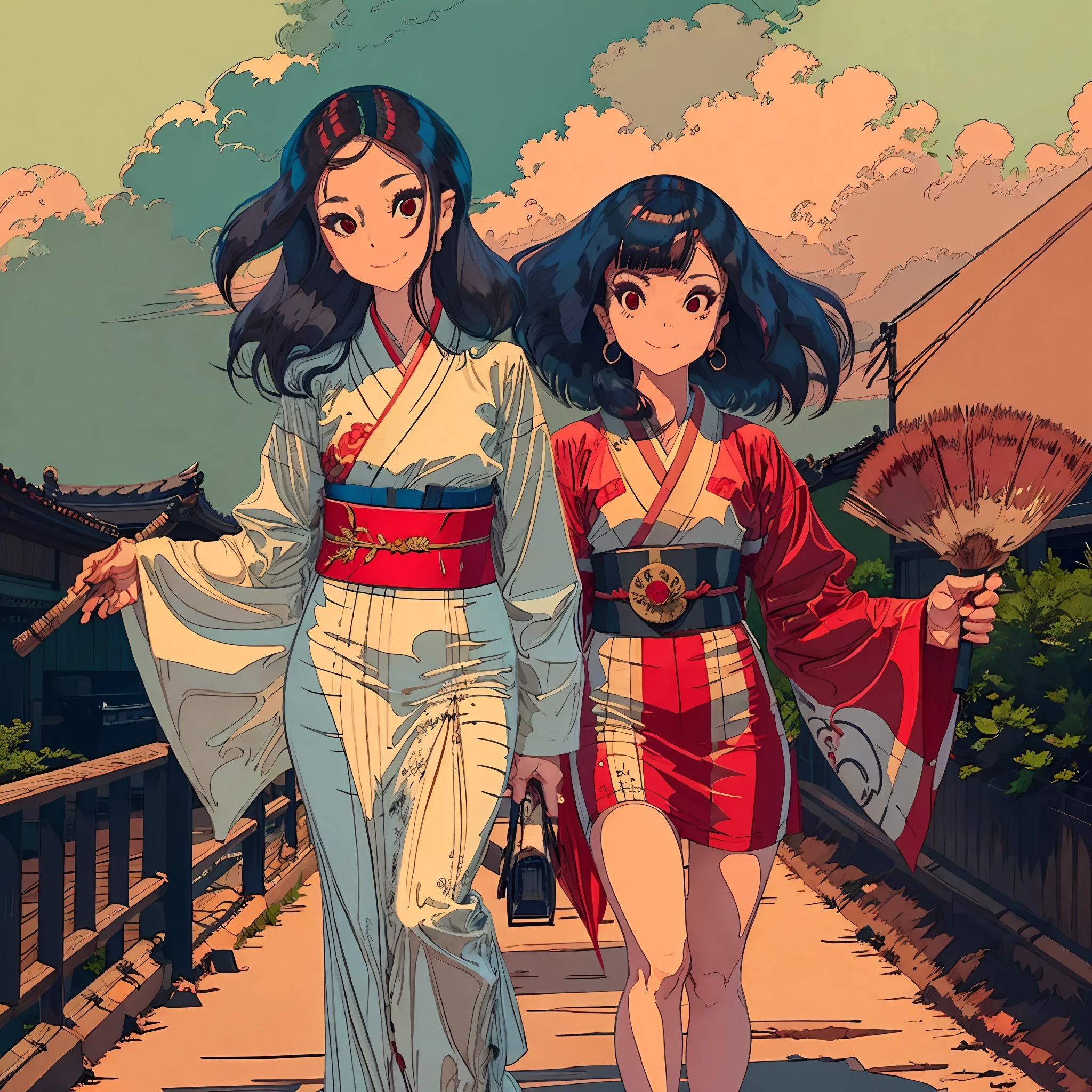 Inari-Okami, cara descarada, sonrisa malvada, Pelo negro corto, Cabello fino, Kimono blanco y rojo, kimono de manga larga, kimono largo, chica joven, Adolescente, delgado, 2D, Masashi Kishimoto art, Masashi Kishimoto style --auto