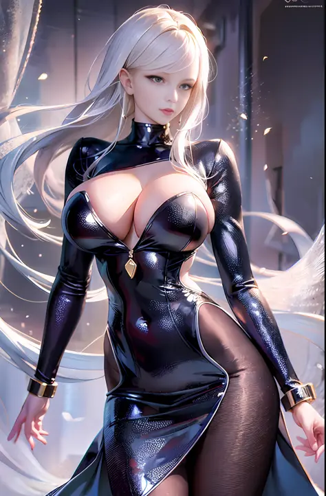 Master anime work, impeccable masterpiece, a sexy mature modern woman standing in sexy modern professional clothes standing on a pure white background, flowing silver hair, full body standing posture, slender legs, straight breasts, detailed face details, ...