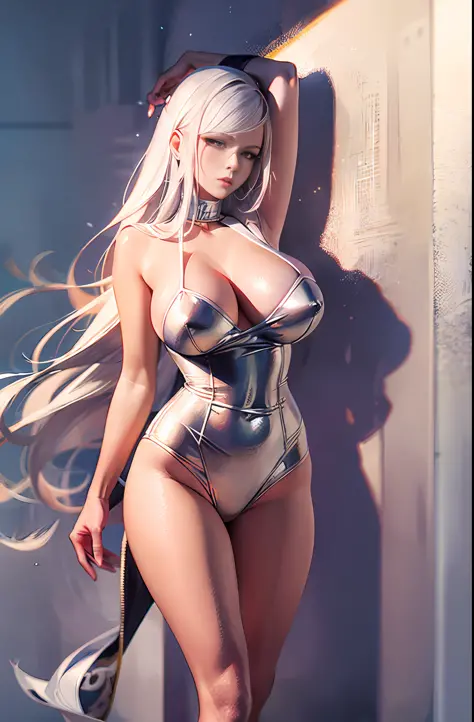 Master anime work, impeccable masterpiece, a sexy mature modern woman standing in sexy modern professional clothes standing on a pure white background, flowing silver hair, full body standing posture, slender legs, straight breasts, detailed face details, ...