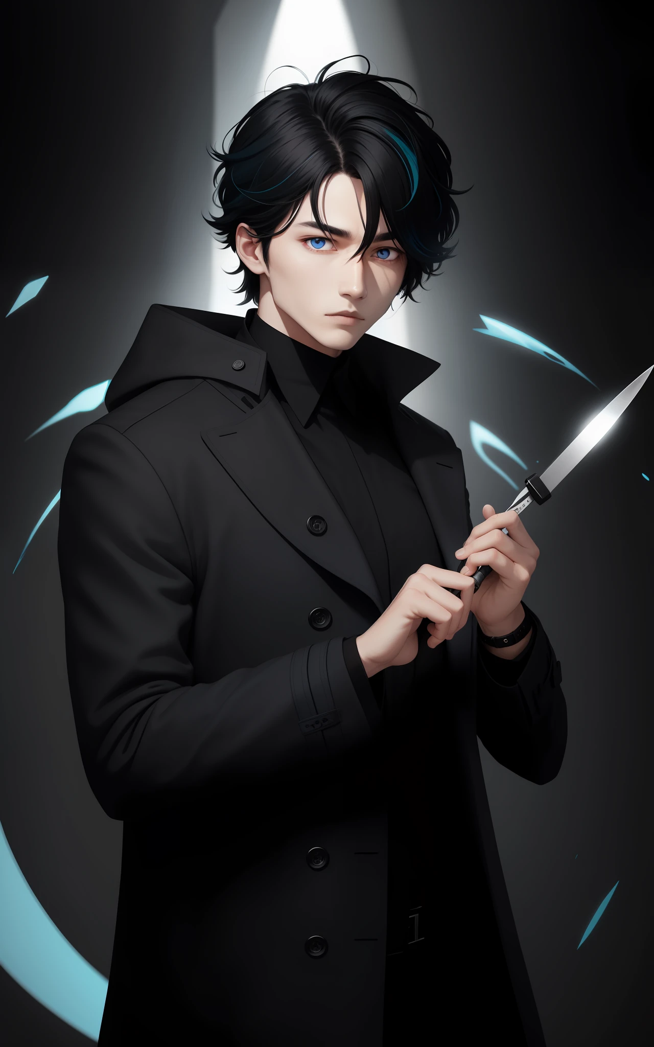 Mann trägt schwarzen Cacharrel, ein Skalpell halten, schwarzes Gesellschaftshaar mit weißen Locken, zweifarbige Augen, Kampf, blaue Aura rundherum, Mantel tragen