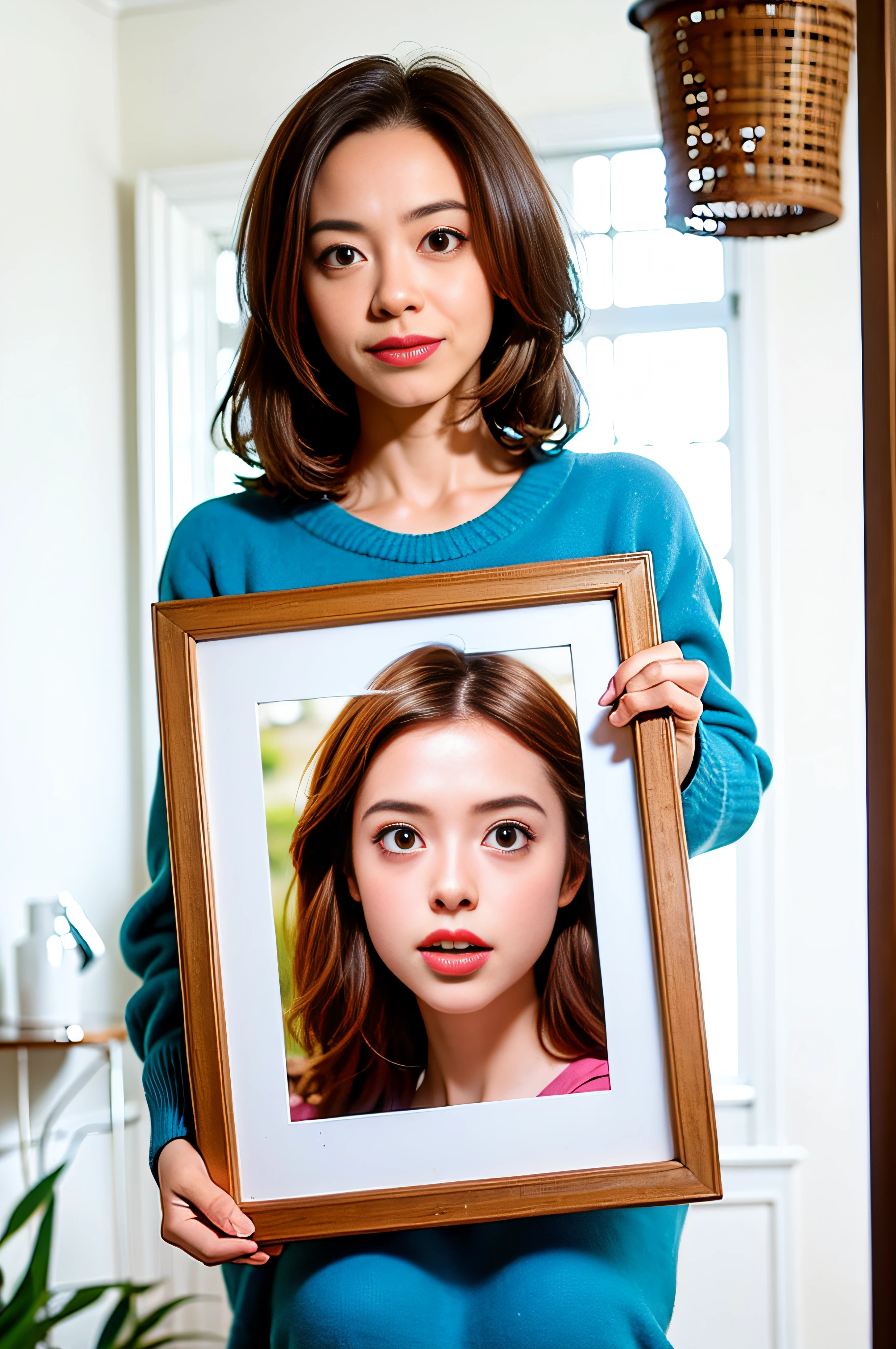 crafted girl holding a picture frame with a blank picture, picture frames, Indoor, Christmas tree, holiday, living room, happy, portrait size, high quality portrait, photo mid shot, in a frame, her whole head fits in the frame, single portrait, large portrait, medium-length portrait, center frame portrait, shaped picture, perfect framing, photo portrait, wooden frame, beautiful wooden frame, full portrait