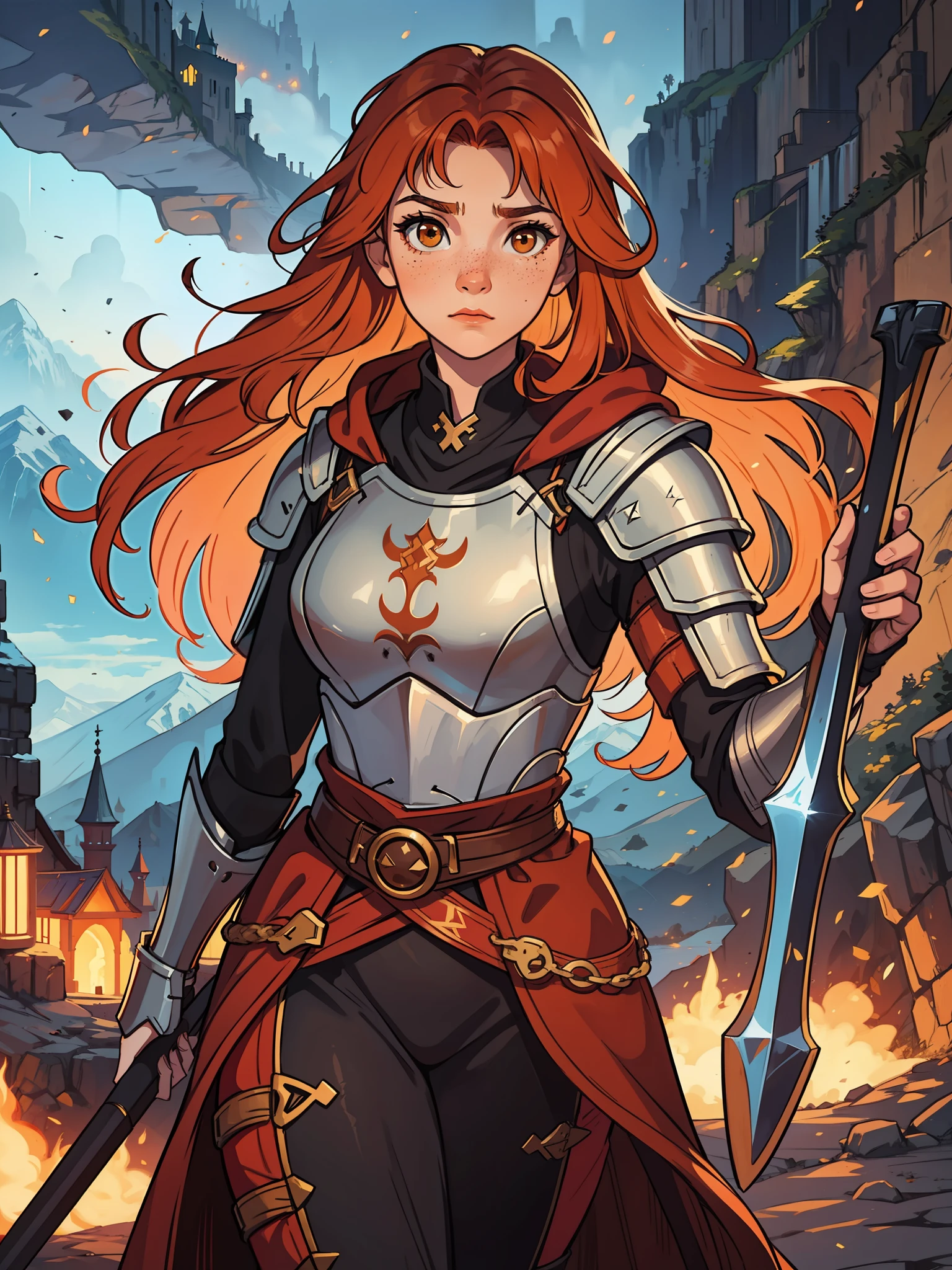 A young red-haired teenage woman with orange hair and brown eyes, she has some freckles and a look of courage, she is a warrior wearing powerful magical armor for a medieval RPG, the background filled with magic and magical lights, contour lights and cinematic lights in a mountain fortress.