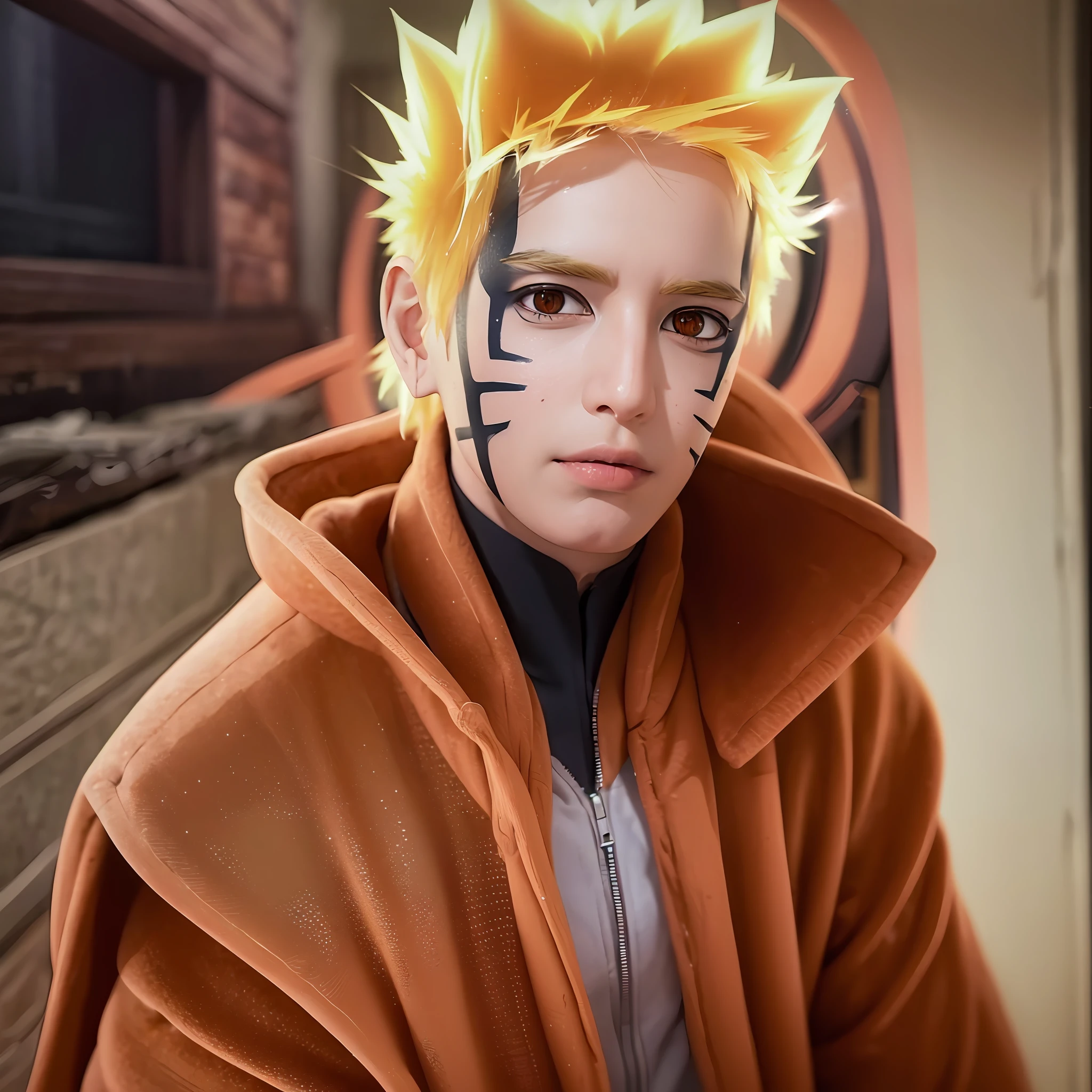 masterpiece, best quality, ultra high res, realistic skin texture, (photorealistic: 1.8), high resolution, raw photo, 1 boy, (skin detail: 1.2), realistic skin texture, better lighting, brightness, dramatic lighting, Naruto, orange robes