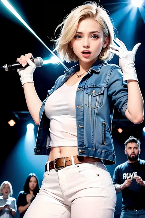 (((1 girl, cute, denim jacket, white top, jeans, gloves, blonde, short hair, short hair, side hair, blue eyes)), ((blonde))), dynamic pose, cartoon style, intense guitar playing, and upbeat moments, depicting the crowd of various characters with dramatic s...