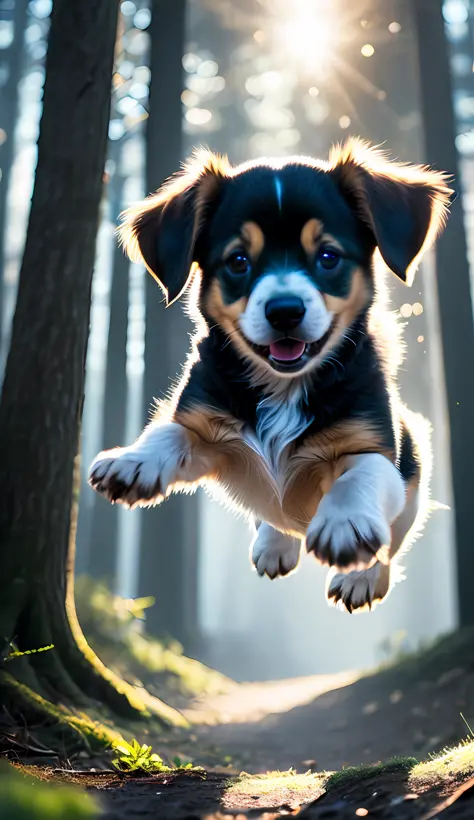close-up photo of a puppy (husck) jumping very cute in the forest with snow, soft volumetric lights (backlighting: 1.3), (cinematics: 1.2), intricate details (ArtStation: 1.3), Rutkowski