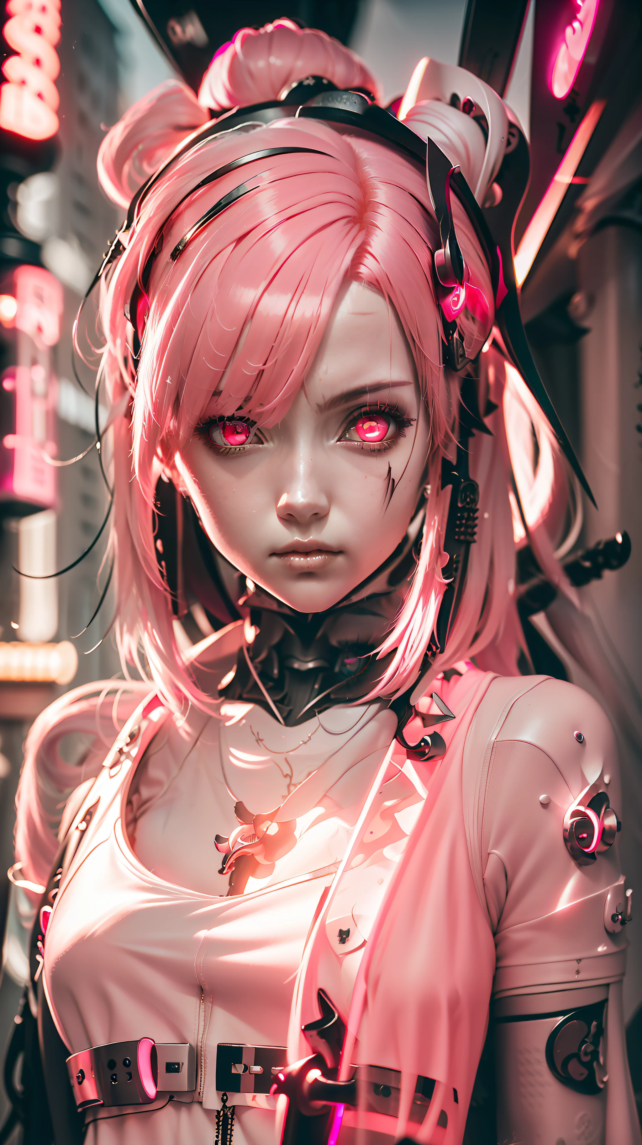 ((Qualité 8k)) + ((cheveux roses)) + ((cyberpunk)) + (samouraï) + (femme) + ((Yeux roses)) + (Katana rose brillant) + (science-fiction) + (((peau pâle))) + ((((Style animé)))) + (Goth) + (nerveux) + (mal)