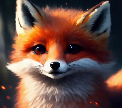 closeup angle of an incredibly cute fluffy fox-like creature with big dramatic eyes, a detailed painting, cgsociety, detailed painting, artstation hd, high detail, cgsociety, photorealism, concept art, artstation hd, official art