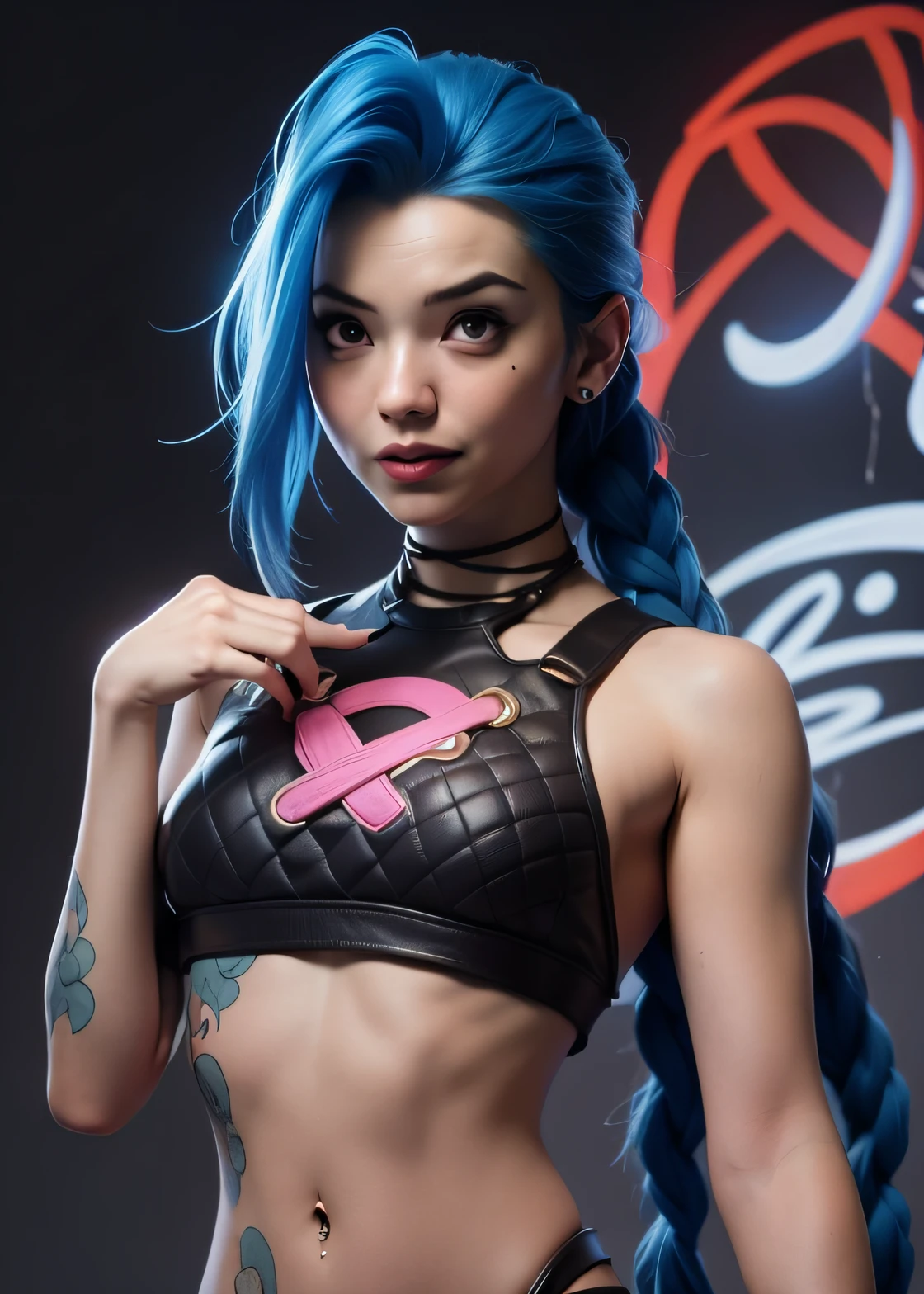 Cinematic illustration of Jinx in dynamic pose and in front of a wall with graffiti, laughter, warm body, nice breasts, detailed face, intricate datails, bright skin, elegant rocker, cinematic lighting, super detail, best quality, masterpiece, anatomically correct, textured skin, super detail, high details, high quality, Artstation. background, a cinematic ring.