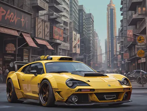 professional photo of a futuristic muscle car with multiple modifications, large wheels, yellow paint, parked, cybernetic hood, ...