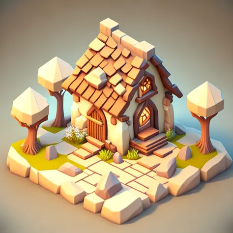isometric house, RPG style, cartoony, DnD, fantasy, mobile game，primitive man，animal bone，stone，wood