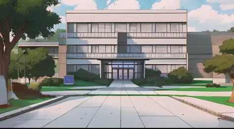 University entrance, anime keyframes, hand-drawn animation, two-point perspective