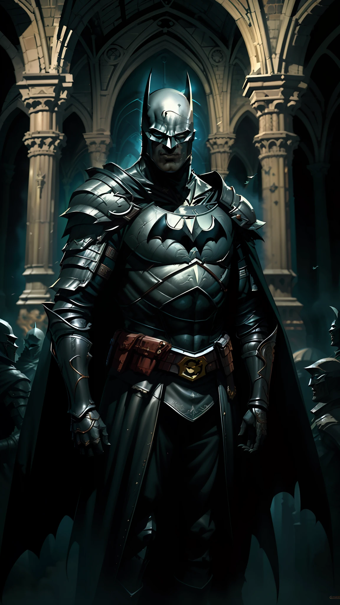 Викторианский собор, Бэтмен (Комиксы DC) носить черные средневековые доспехи, длинная черная накидка на спине, фантастическое искусство, Художественный стиль Грега Рутковски, Темная Фэнтези, темный рыцарь, Бэтмен, Унреальный движок 5, 8К.