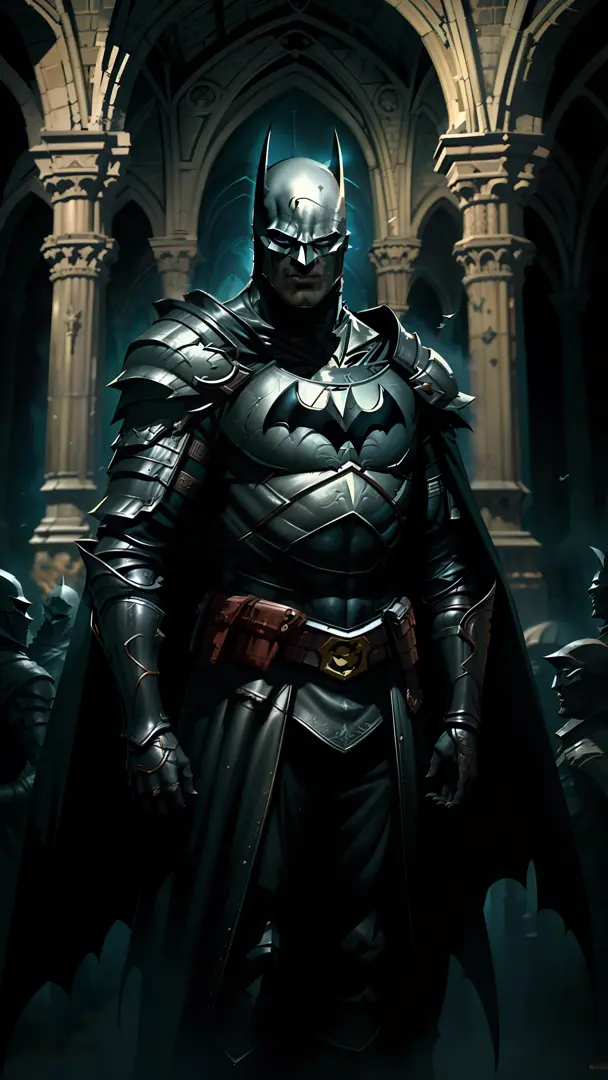 Victorian cathedral, Batman (DC comics) wearing black medieval armor, long black cape on the back, fanciful art, greg rutkowski ...