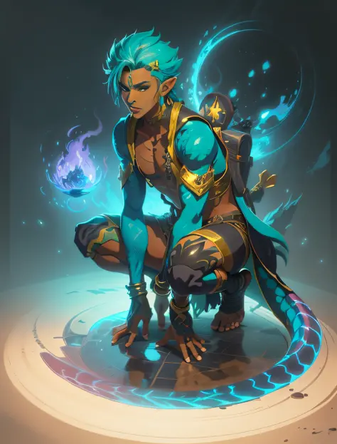 a drawing of a man with blue hair and tribal robes, an anime character; full body art, elemental male, lizard boy, digital anime...