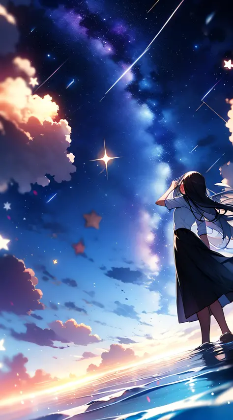 a girl holding a star in her hand, long flowing hair, wearing a long skirt, starry sky, delicate, with shooting stars