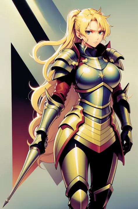 full armor, knight, vest, walking, full body,blond hair, pony tail,, huge breast, tall
