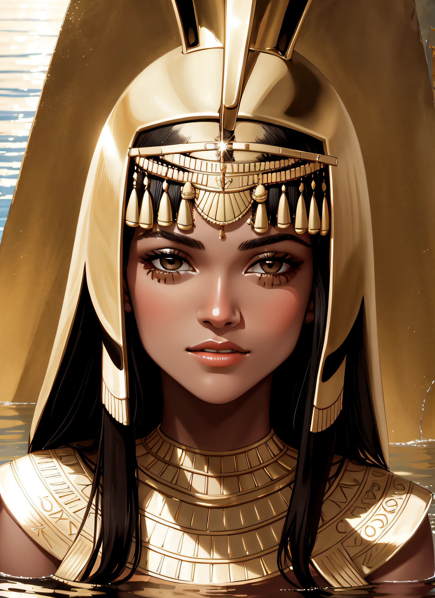 portrait face photo of  Aprild beautiful woman with bronzed skin, as an Egyptian goddess, wading waist deep in the nile,  (masterpiece) (best quality) (detailed) (8k) (HDR) (wallpaper) (cinematic lighting) (sharp focus) (intricate)[ Style-Hamunaptra]