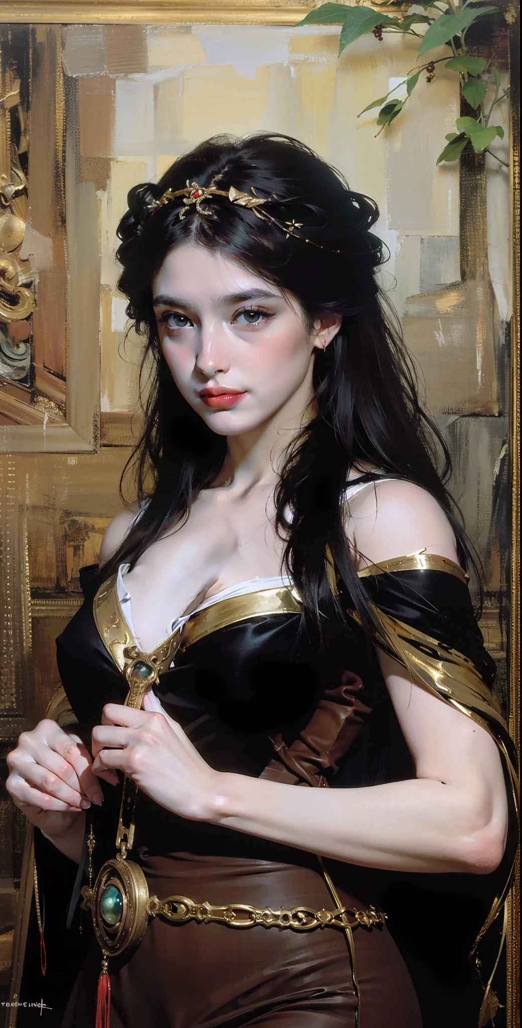 Painting of Hecate, the Greek Goddess of witches, a powerful and majestic look with a dark imposing presence, a tall and beautiful woman with an aesthetic physique, long black hair, her eyes shine with a deep radiant shine, she wears a dress long flowing black, scene in the forest, painting by Christophe Vacher, realistic oil painting, classical realism