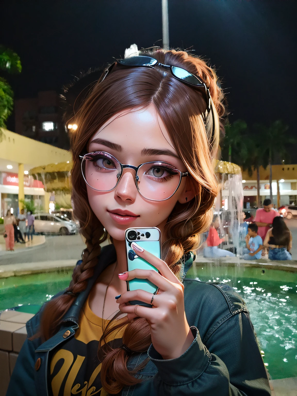 Beautiful woman with golden circular glasses taking a selfie in front ...