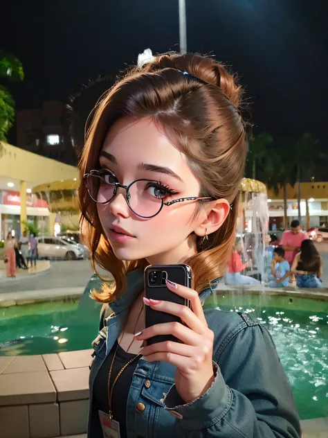 Beautiful woman with golden circular glasses taking a selfie in front ...