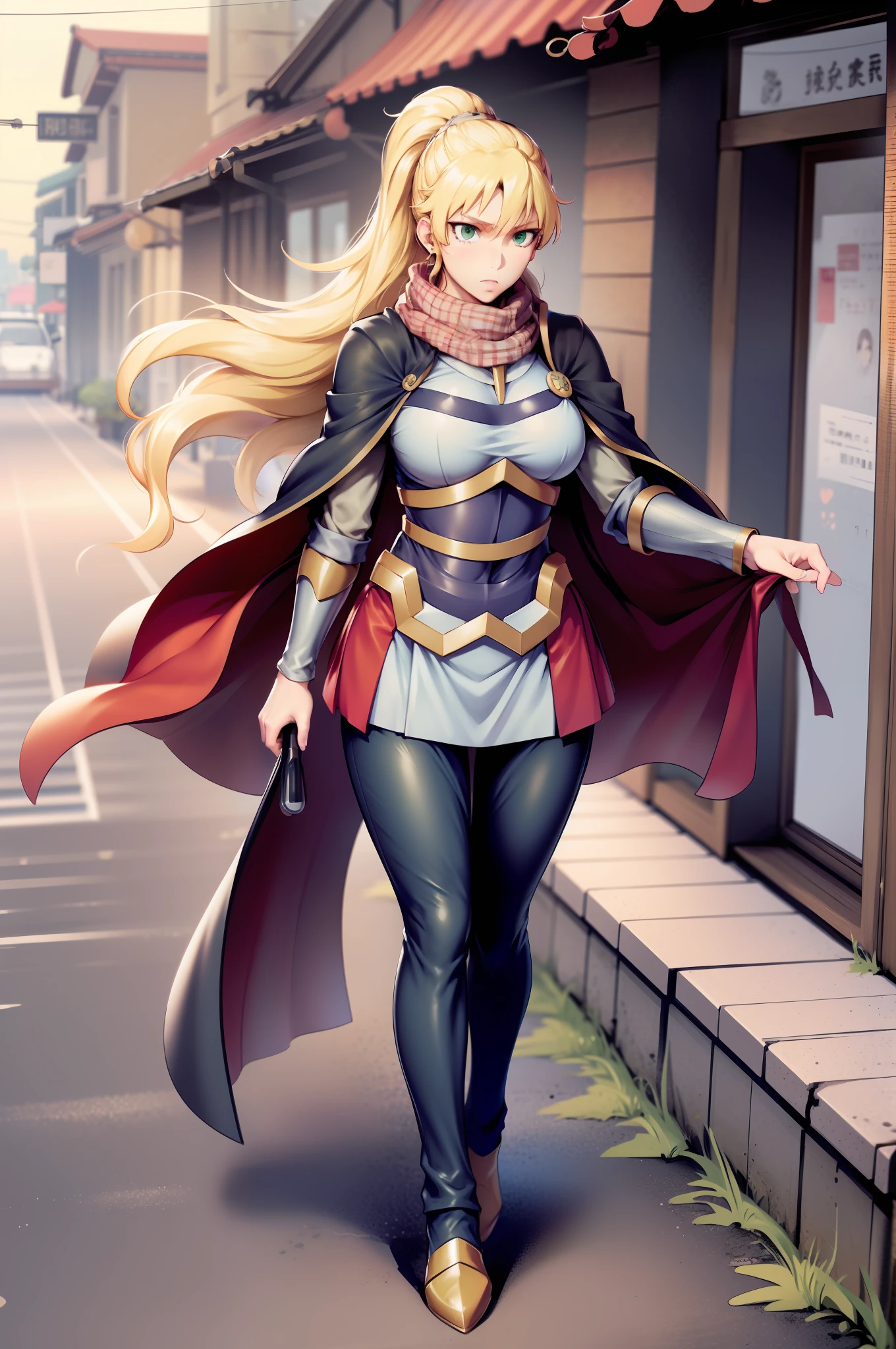 skirt vest, pantyhose, ponytail, long hair, blond hair, knight, medium breast,alicetaria february, green eyes,, walking, lance holding, cape, scarf, walking, full body, pants, long pantyhose