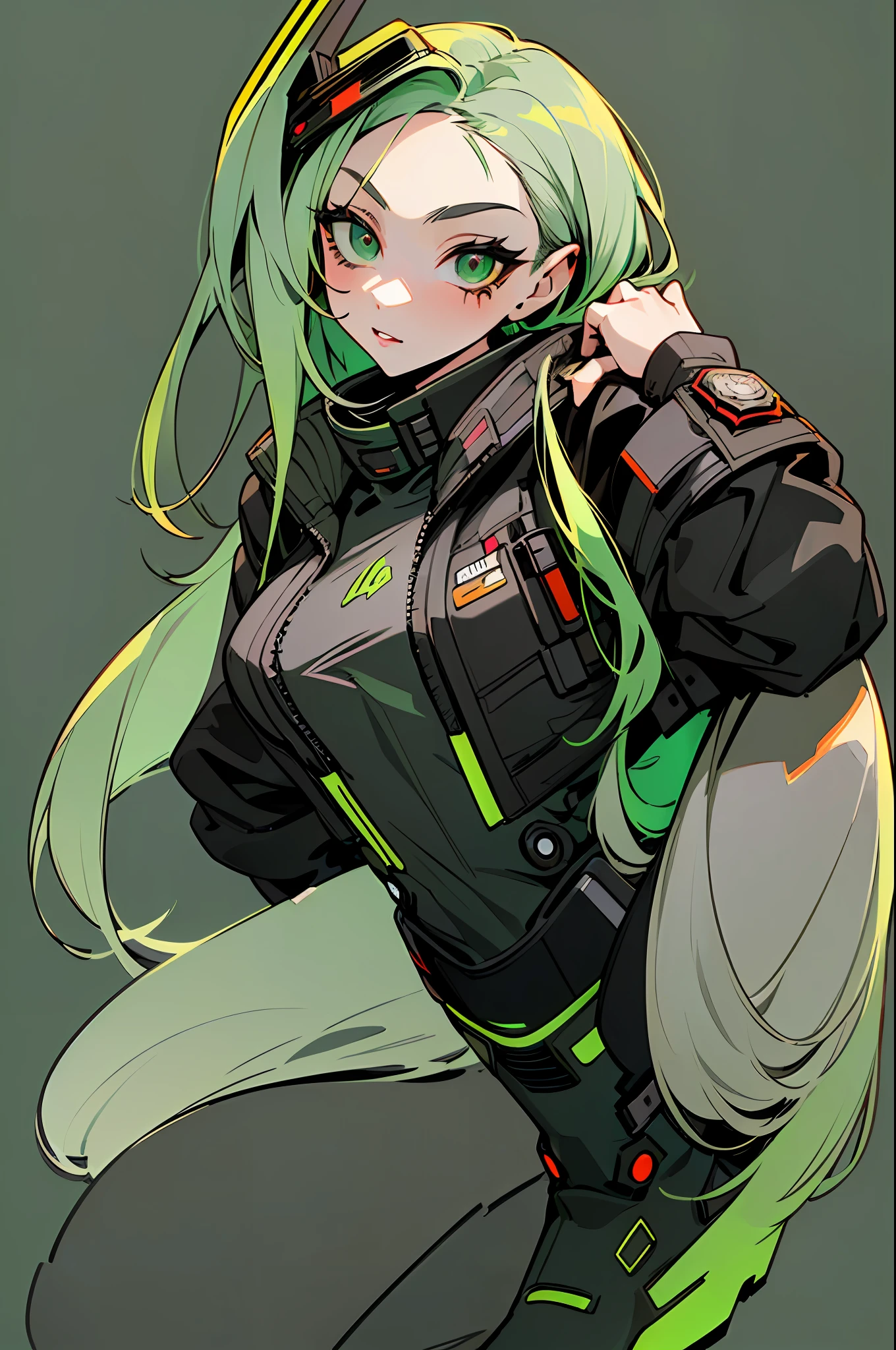 ((Full body):1.5),((23 year old girl ):1.5), hips bulging,((long green hair):1.2),(wearing a cyberpunk jacket:1.4),(black boots:1.5) ((green eyes):1.3), looking at the viewer,((simple gray background):1.5),4k,