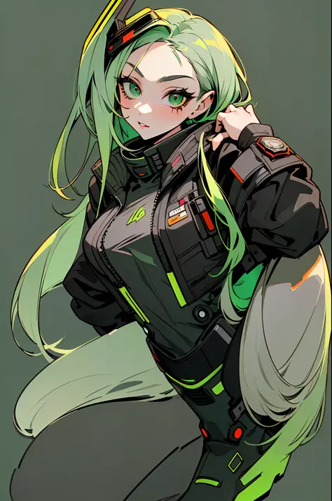 ((Full body):1.5),((23 year old girl ):1.5), hips bulging,((long green hair):1.2),(wearing a cyberpunk jacket:1.4),(black boots:...