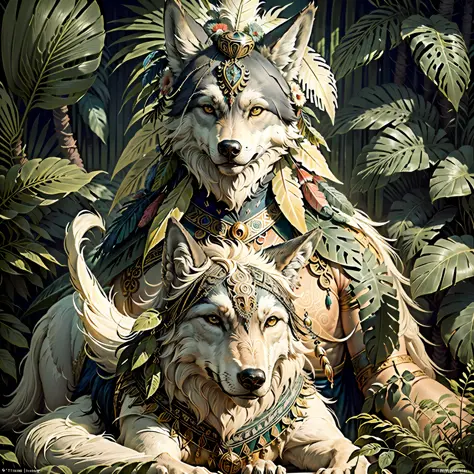 wolf ((indian style)),,((meditative state),,((wolf's body)), ((looking at the camera)) elegant, hair with details, with indian h...