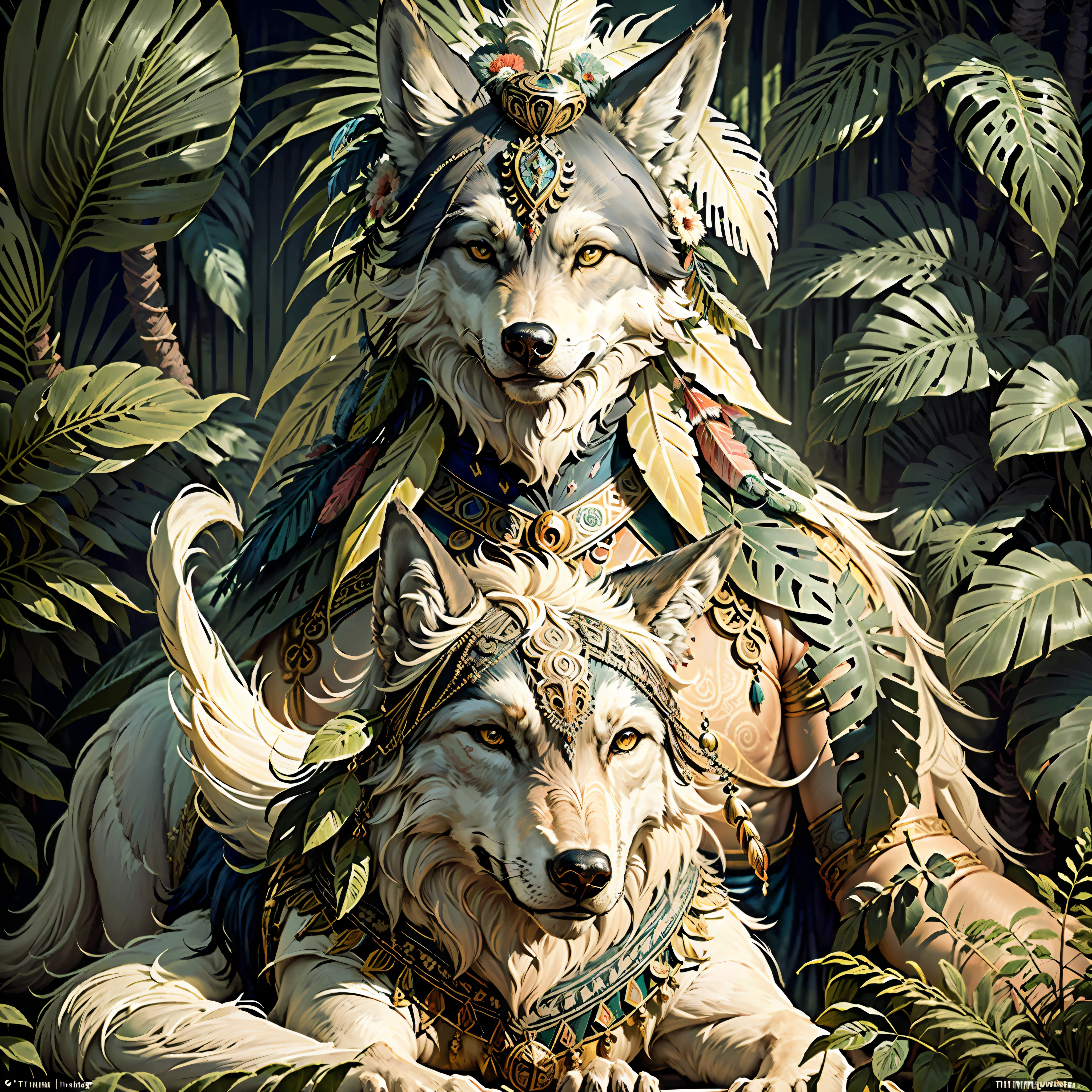 Wolf ((Indian style)),,((meditative state),,((Wolf's body)), ((looking at the camera)) elegant, hair with details, with Indian headdress on the head, many colored feathers, colored feathers,,facing the camera, detail: dense tropical foliage, highly detailed intricate, ((masterpiece)), ultra hyperrealistic, masterpiece,, by TIm Hildebrandt,,