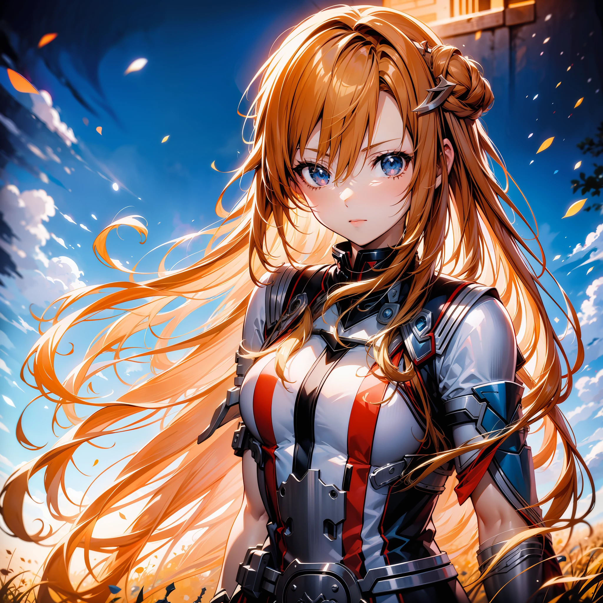 anime girl with long hair and sword in field with sky background, asuna yuuki, asuna from sao, epic light novel art cover, detailed key anime art, anime goddess, portrait of a female anime hero, detailed digital anime art, high detailed official artwork, blonde anime girl with long hair, photo of asuna from sao, anime girl with long hair