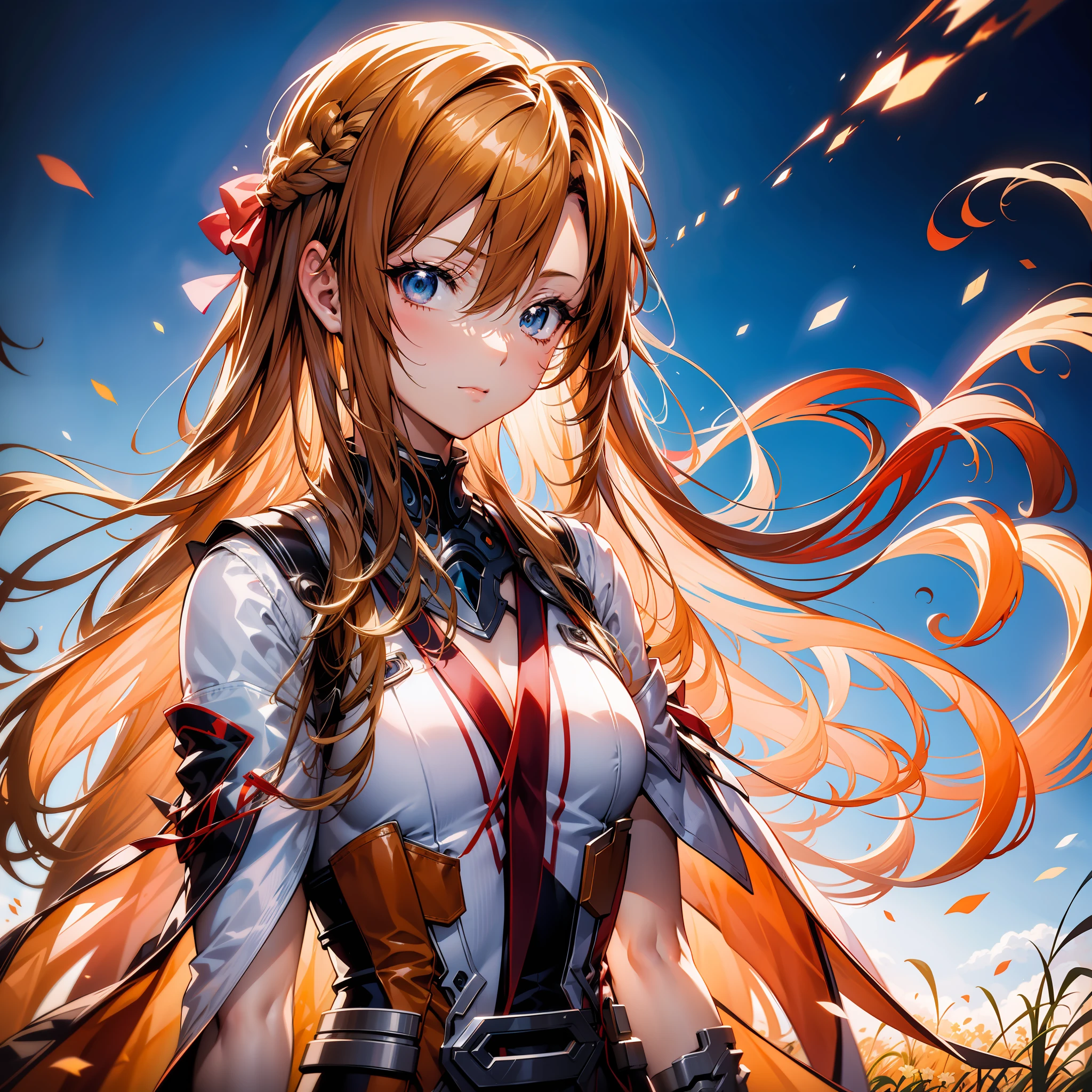 Garota de anime com cabelo comprido and sword in field with sky background, Asuna Yuuki, Asuna de SAO, capa de arte épica de light novel, arte chave detalhada do anime, Deusa dos animes, retrato de uma heroína de anime feminina, arte digital detalhada de anime, arte oficial altamente detalhada, blonde Garota de anime com cabelo comprido, photo of Asuna de SAO, Garota de anime com cabelo comprido