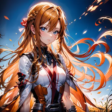anime girl with long hair and sword in field with sky background, asuna yuuki, asuna from sao, epic light novel art cover, detai...