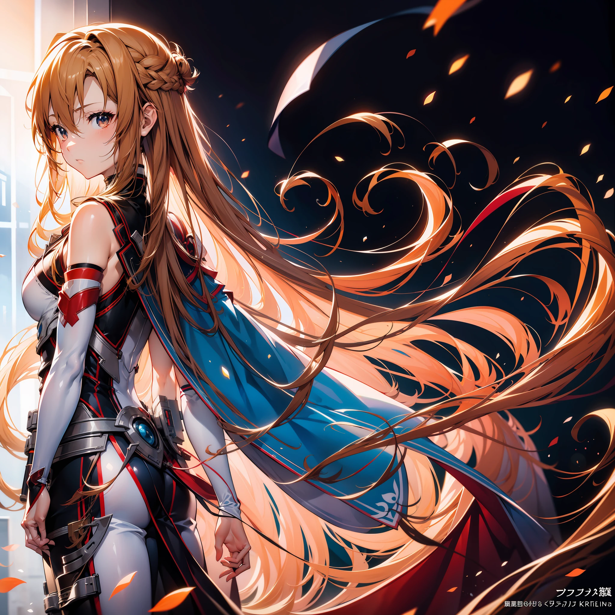 Garota de anime com cabelo comprido and sword in field with sky background, Asuna Yuuki, Asuna de SAO, capa de arte épica de light novel, arte chave detalhada do anime, Deusa dos animes, retrato de uma heroína de anime feminina, arte digital detalhada de anime, arte oficial altamente detalhada, blonde Garota de anime com cabelo comprido, photo of Asuna de SAO, Garota de anime com cabelo comprido