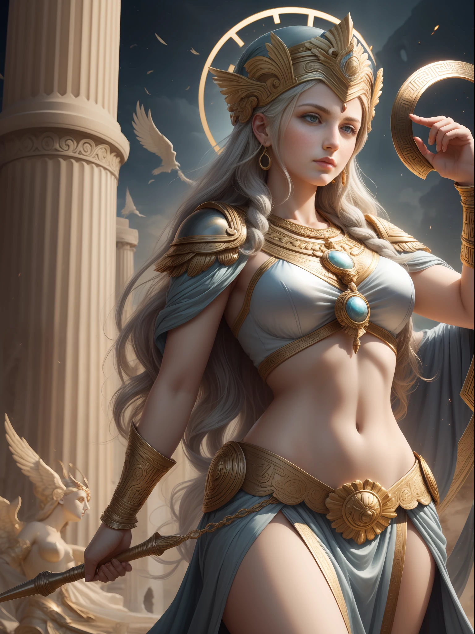 Göttin Athene, Griechische mythologische Göttin, Göttin der Weisheit, Kunst, Intelligenz und Krieg in der griechischen Mythologie, Kriegergöttin, die Gerechtigkeit unter den Menschen schätzte, eine schöne und strenge junge Frau.