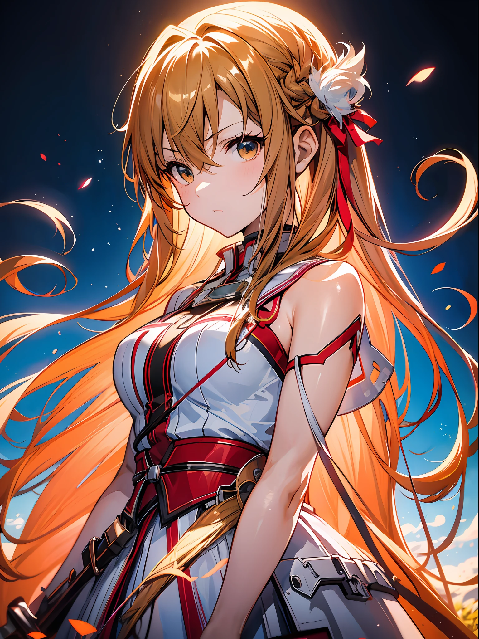 anime girl with long hair and sword in field with sky background, asuna yuuki, asuna from sao, epic light novel art cover, detailed key anime art, anime goddess, portrait of a female anime hero, detailed digital anime art, high detailed official artwork, blonde anime girl with long hair, photo of asuna from sao, anime girl with long hair