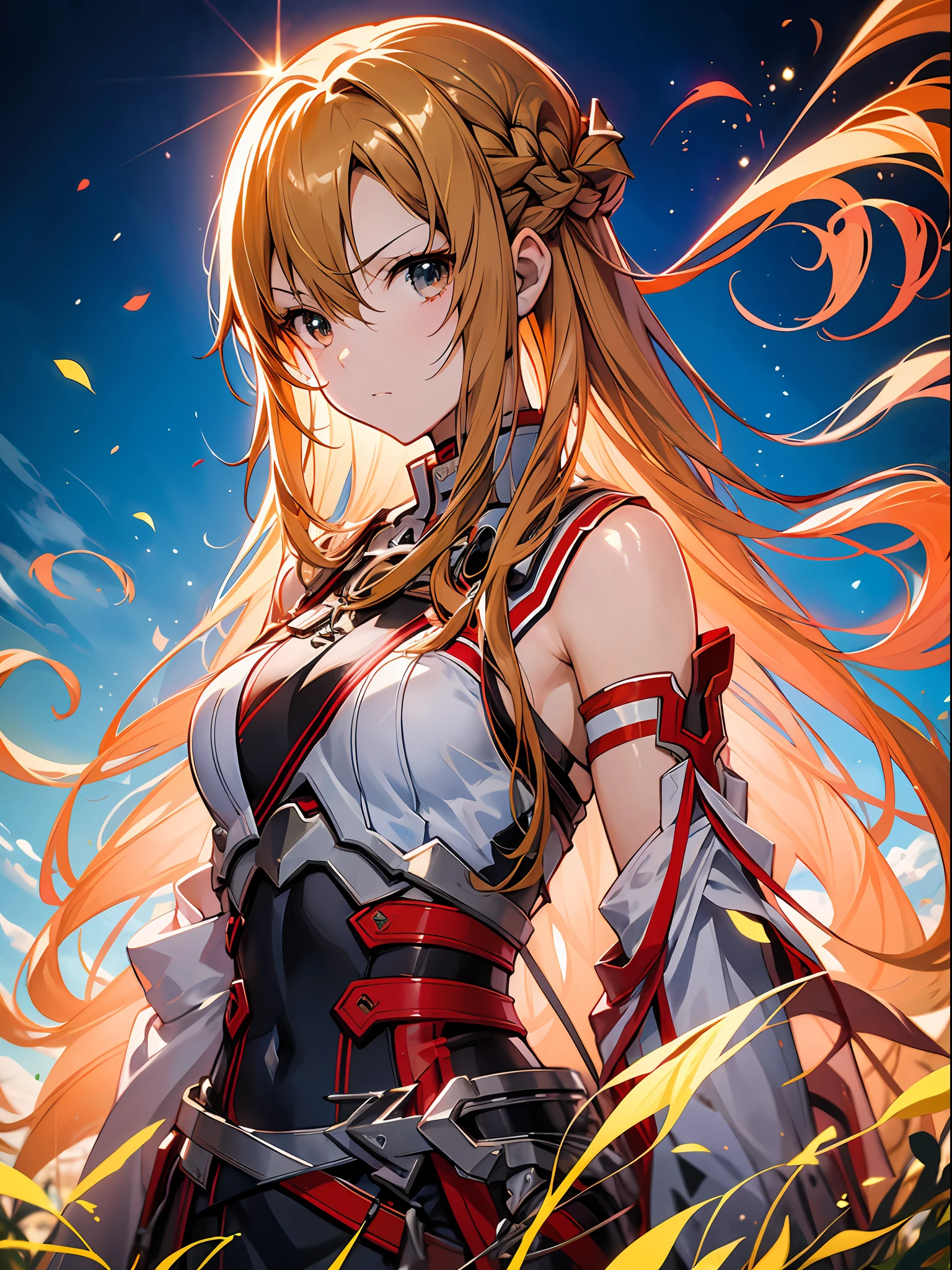 anime girl with long hair and sword in field with sky background, asuna yuuki, asuna from sao, epic light novel art cover, detailed key anime art, anime goddess, portrait of a female anime hero, detailed digital anime art, high detailed official artwork, blonde anime girl with long hair, photo of asuna from sao, anime girl with long hair