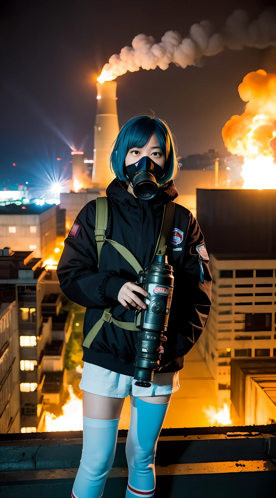 Riot, nuclear power plant on background, terrorist group, fluorescent headgear, short hair, blue hair, firing from flamethrower, middle school girl, , gas mask, high socks, rooftop at night, city on the background is burning