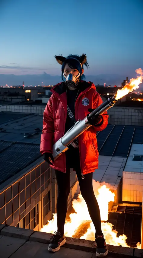 Riot, nuclear power plant on background, terrorist group, fluorescent headgear, short hair, blue hair, firing from flamethrower,...