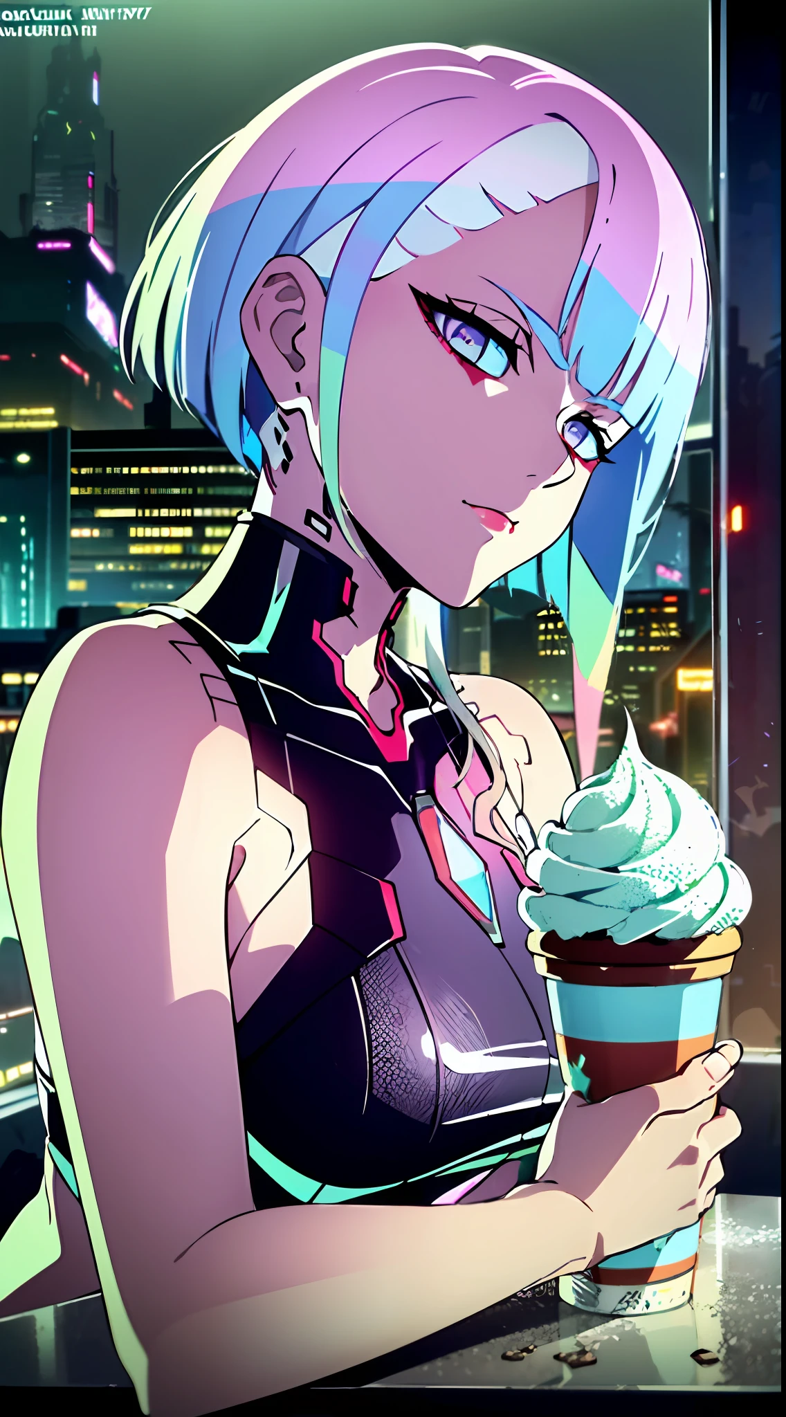 (masterpiece, detailed, high resolution:1.4), cyberpunk, cyberpunk 2077, cyberpunk night city neon background, in a café, ice cream, coffee, cupcake, metal cybernetic silver hand in the foreground in the frame, green-blue glitch effect around the arm, purple-pink neon glow, torso, fluorescent yellow, light green, purple, mint
